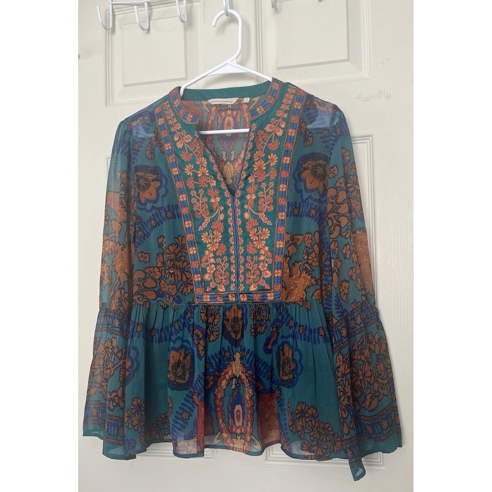 Soft Surroundings Embroidered Boho Chiffon Blouse Green Bell Sleeve Women's M